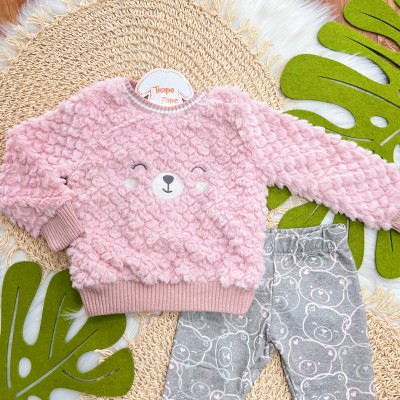 Conj. Casaco Ursinha Feliz com Pelinho Ondulado e Calça Legging - Rose